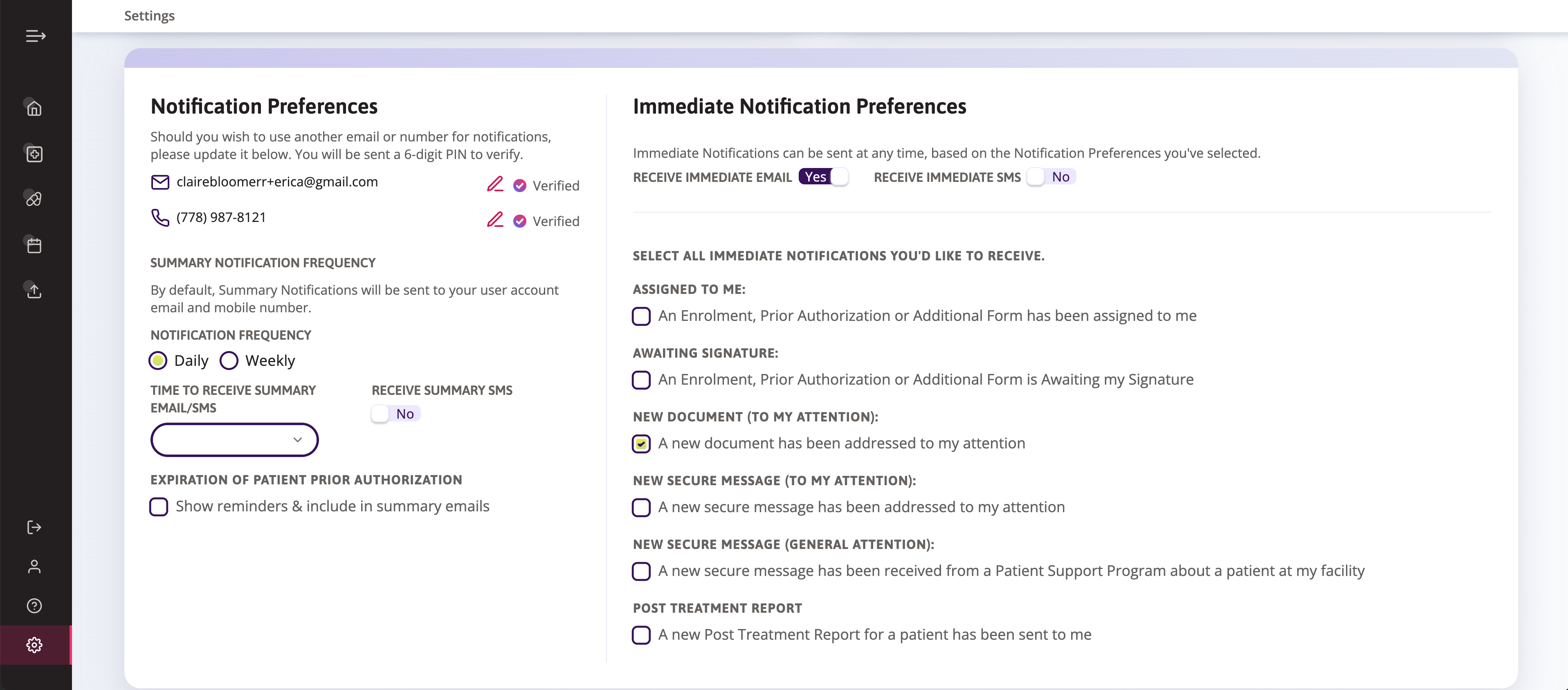 Notification preferences within Auxitas settings.